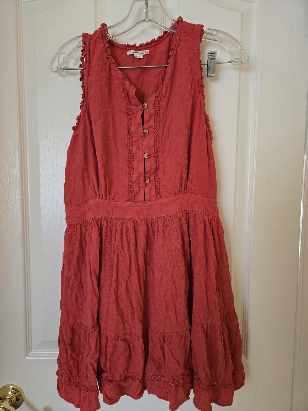 O'Neill Edie Coral Crinkle Gauze Tiered Boho Mini Dress L